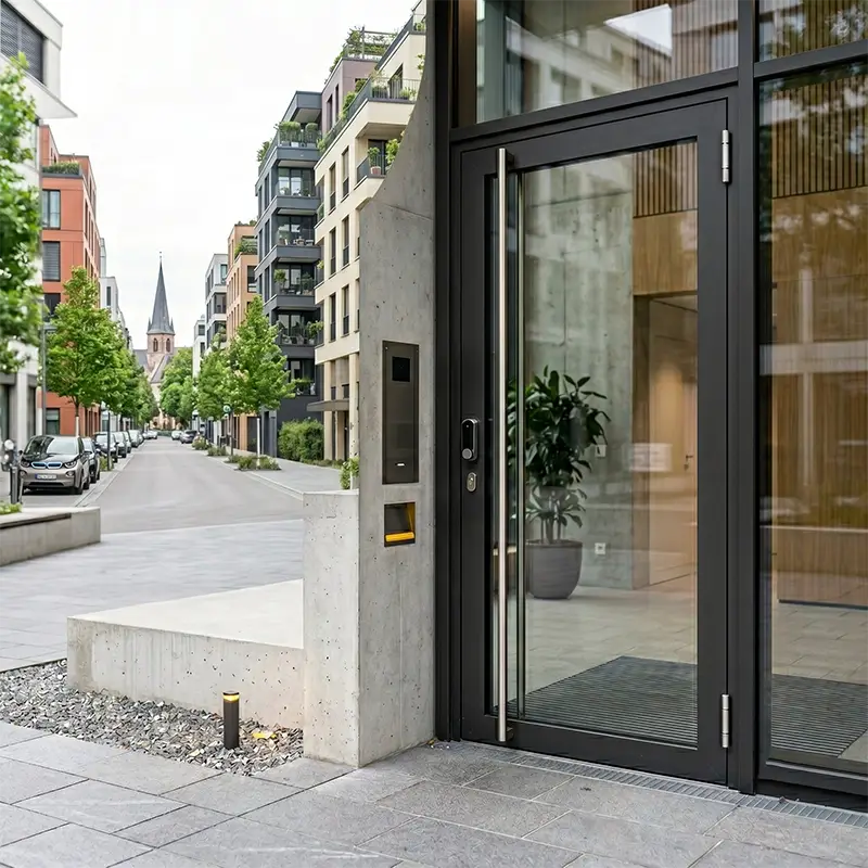 Gesicherter Eingang eines Mehrfamilienhauses mit digitalem Zutrittssystem und Gegensprechanlage - Schlüssel Meier GmbH